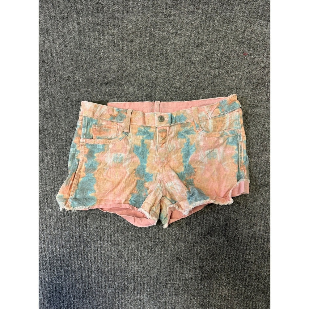 Bleulab Shorts Womens Size 28 Pink Blue Tie Dye Raw Hem Stretch Denim Low Rise